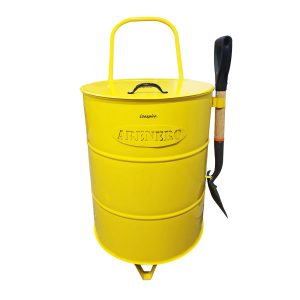 Arenero para incendio vertical amarillo 100 litros con pala incluida.