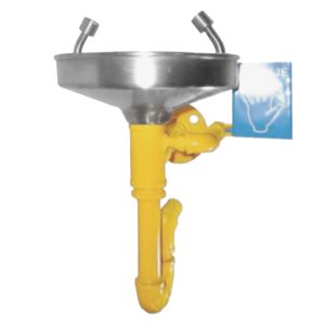 Lavaojos pared amarillo con charola de acero inox y 2 rociadores